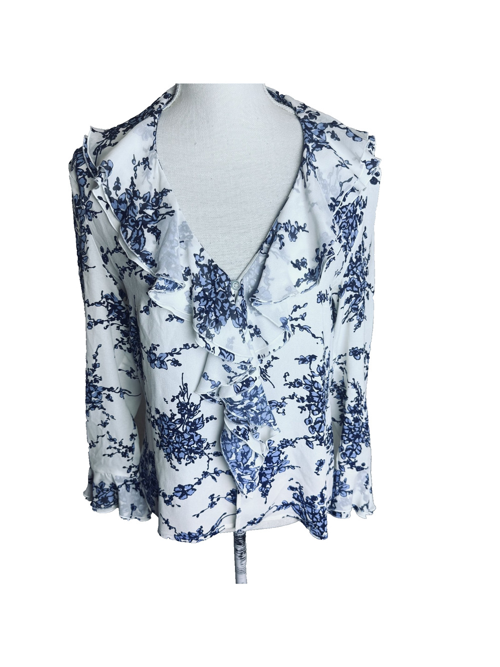 Escada Silk Floral Blouse S EU 38 Blue White Romantic Ruffle neckline‎ VTG